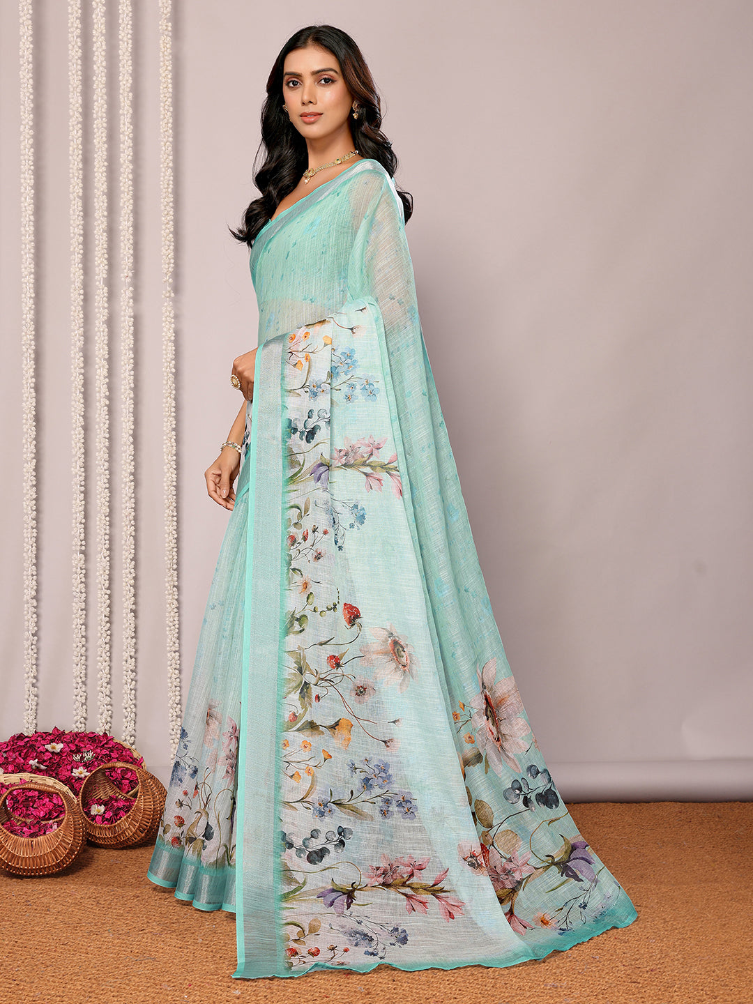 Sea Green Linen Blend Floral Printed Daily Wear Saree with Blouse Piece