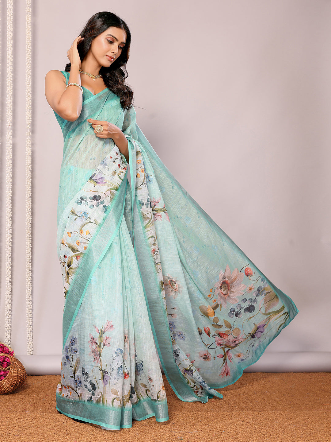 Sea Green Linen Blend Floral Printed Daily Wear Saree with Blouse Piece