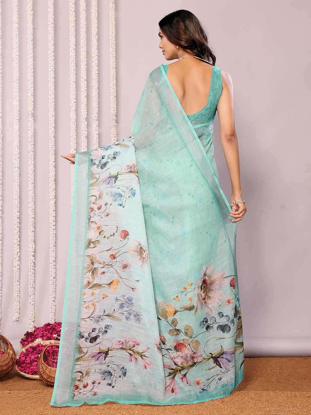 Sea Green Linen Blend Floral Printed Daily Wear Saree with Blouse Piece