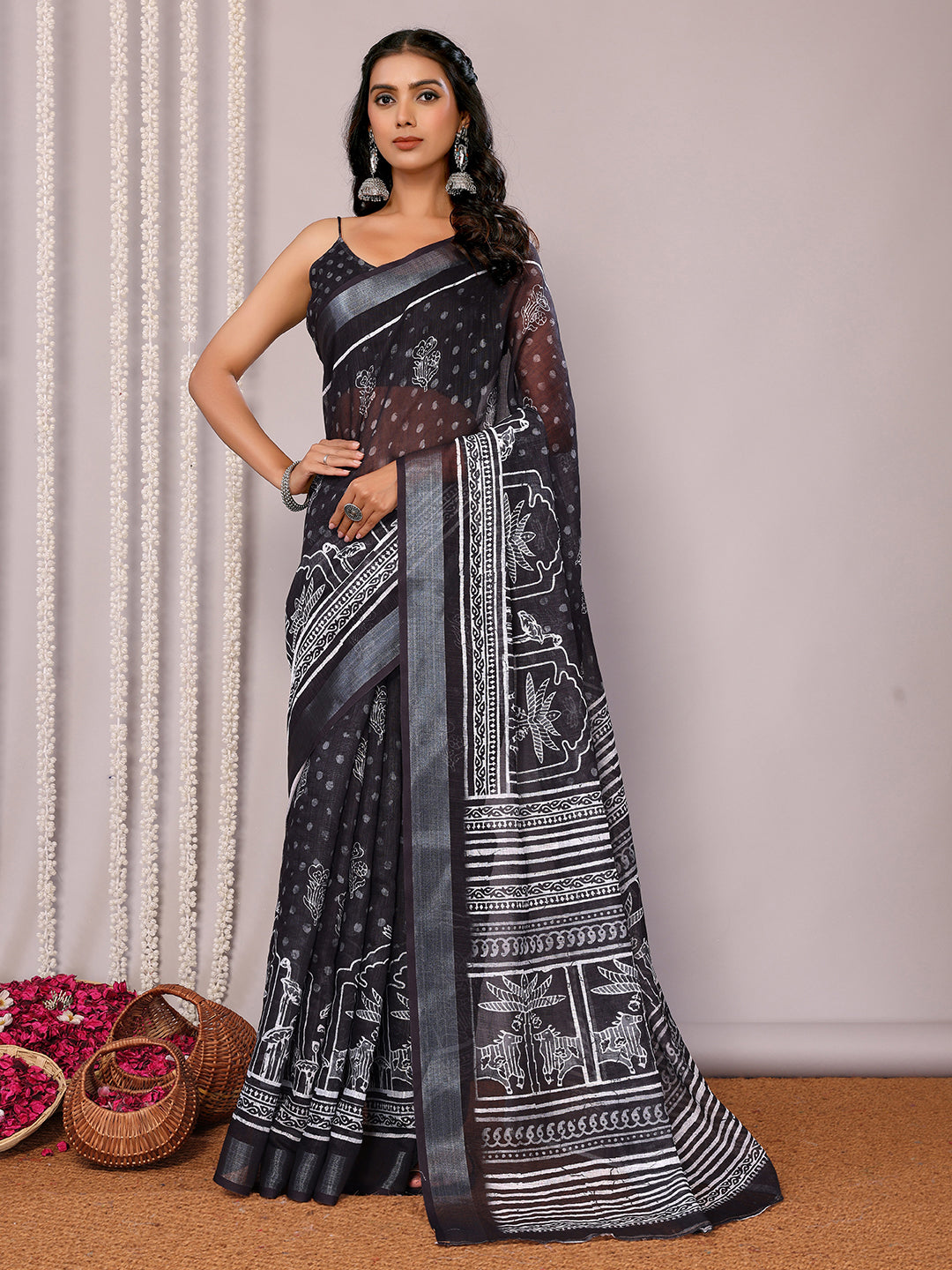Black Linen Blend Polka Printed Daily Wear Saree with Blouse Piece