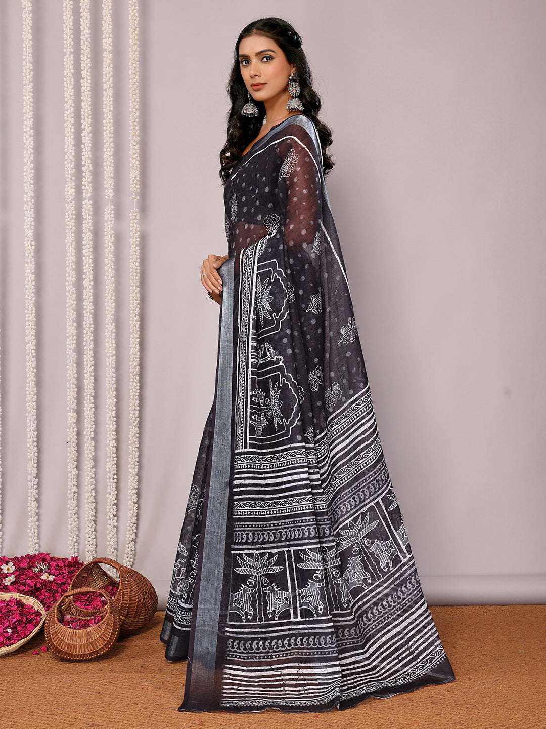 Black Linen Blend Polka Printed Daily Wear Saree with Blouse Piece