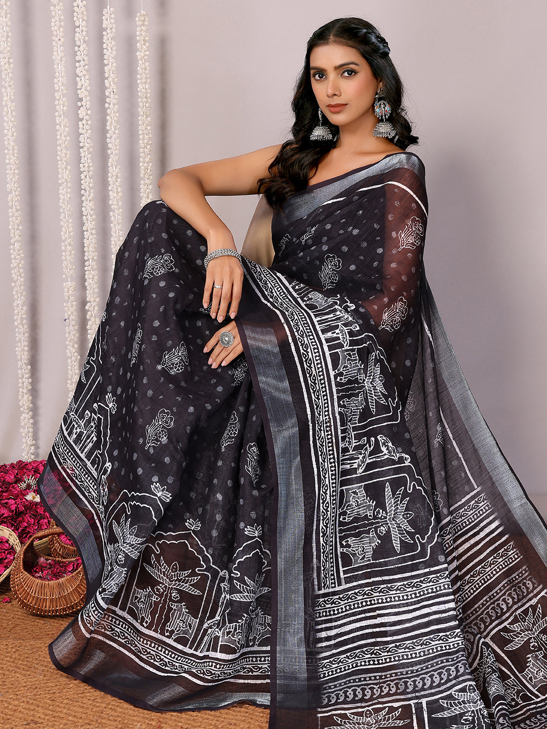 Black Linen Blend Polka Printed Daily Wear Saree with Blouse Piece