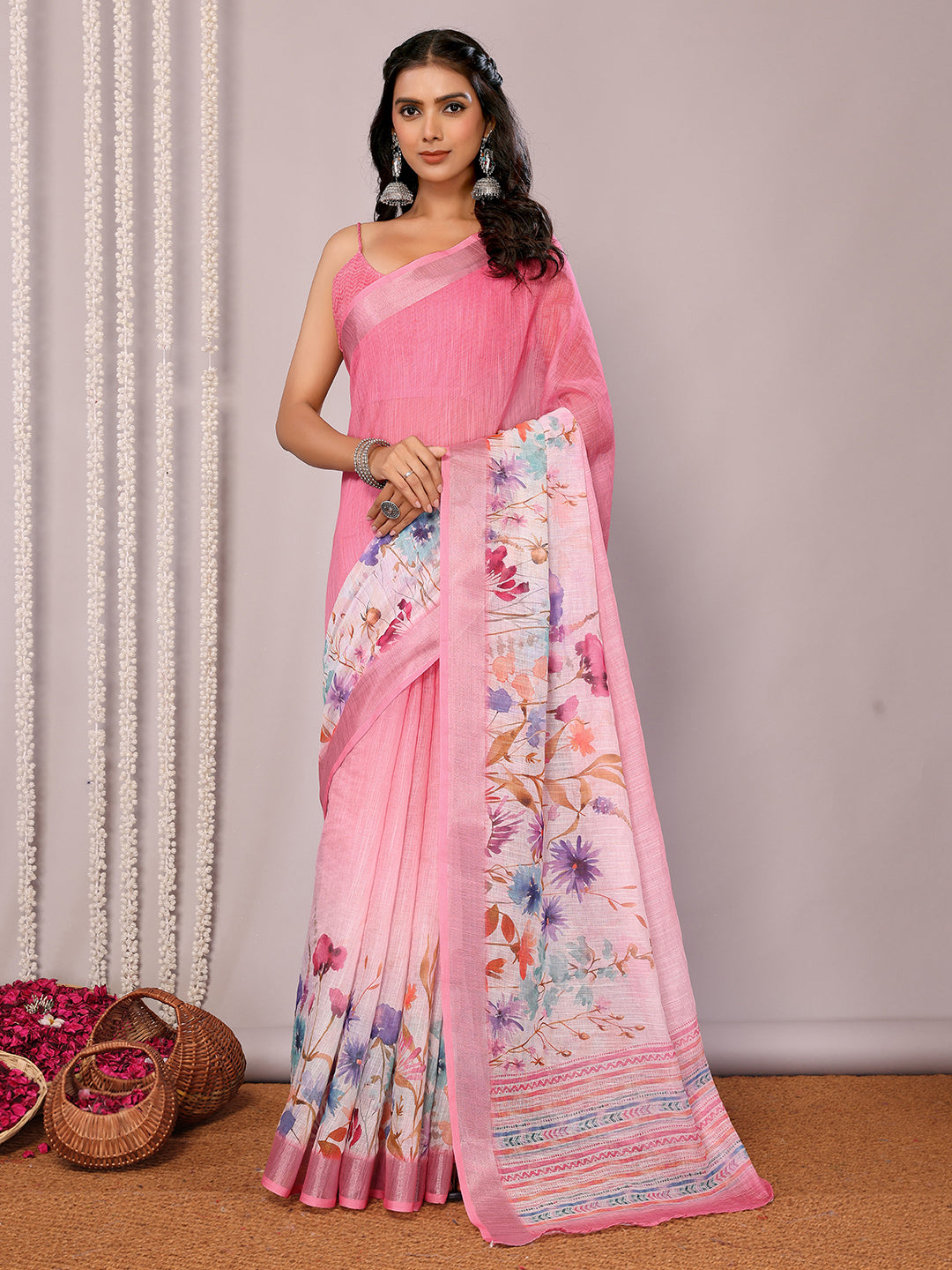 Pink Linen Blend Floral Printed Daily Wear Saree with Blouse Piece