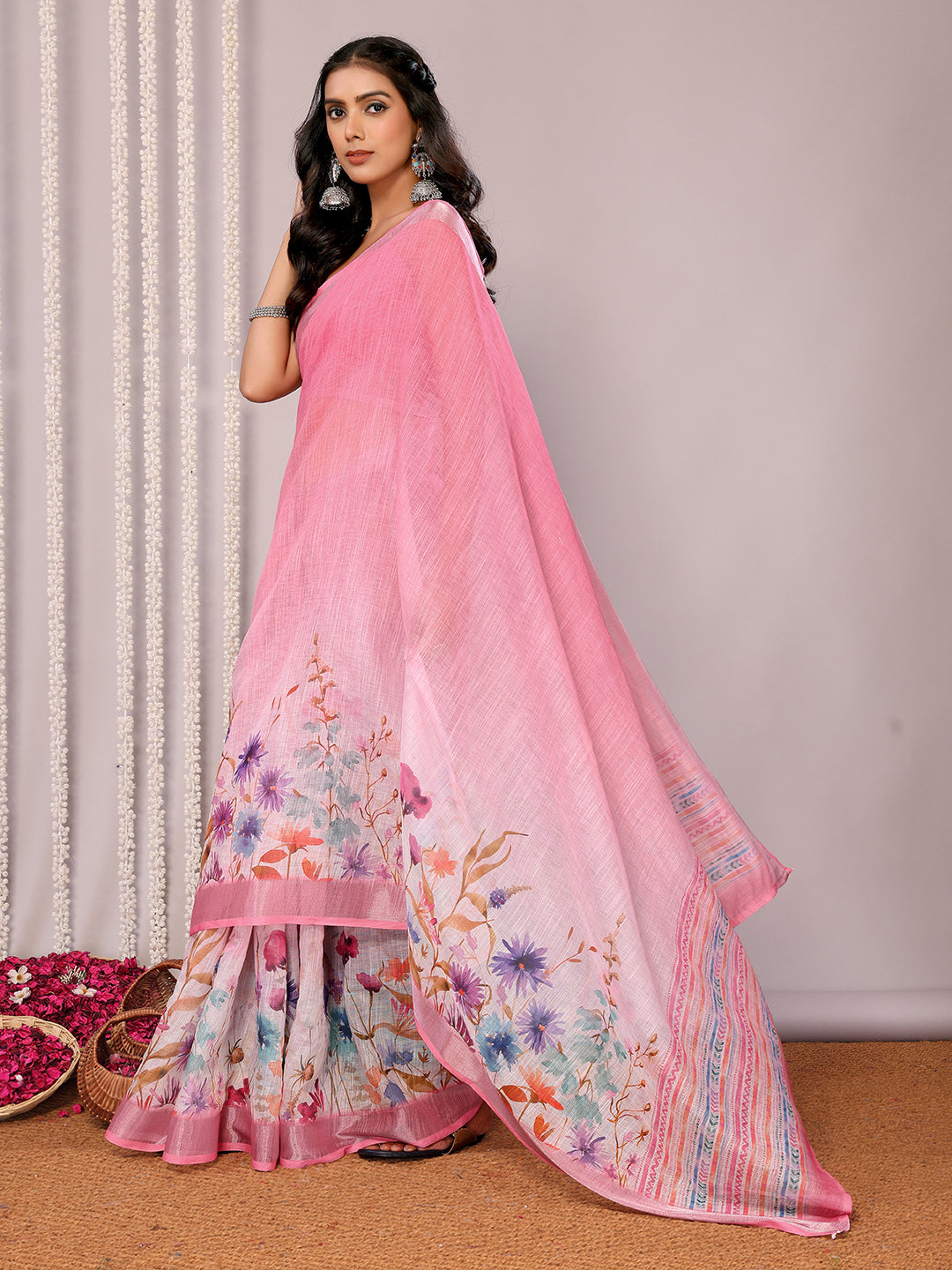 Pink Linen Blend Floral Printed Daily Wear Saree with Blouse Piece