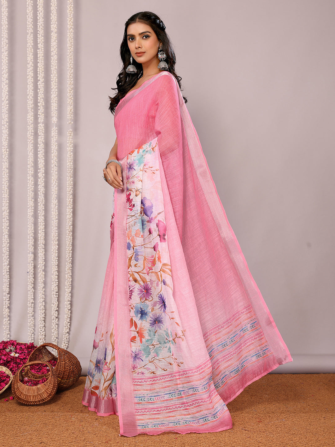 Pink Linen Blend Floral Printed Daily Wear Saree with Blouse Piece