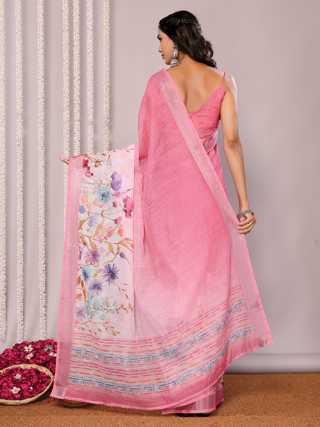 Pink Linen Blend Floral Printed Daily Wear Saree with Blouse Piece