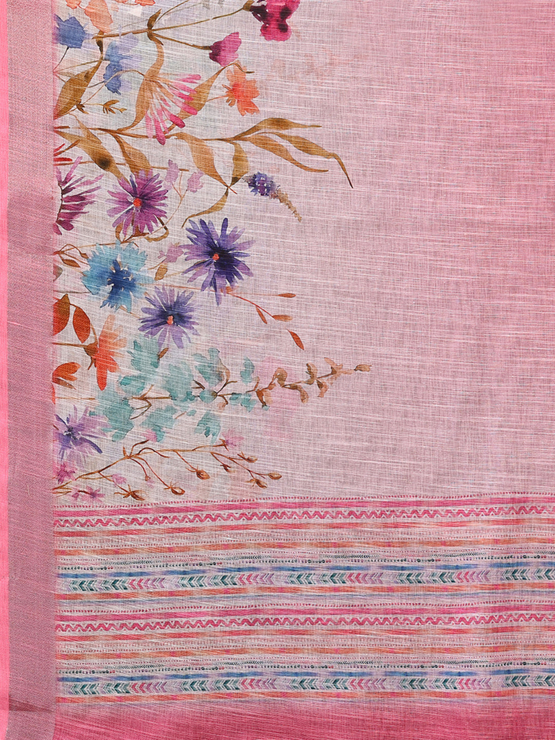 Pink Linen Blend Floral Printed Daily Wear Saree with Blouse Piece