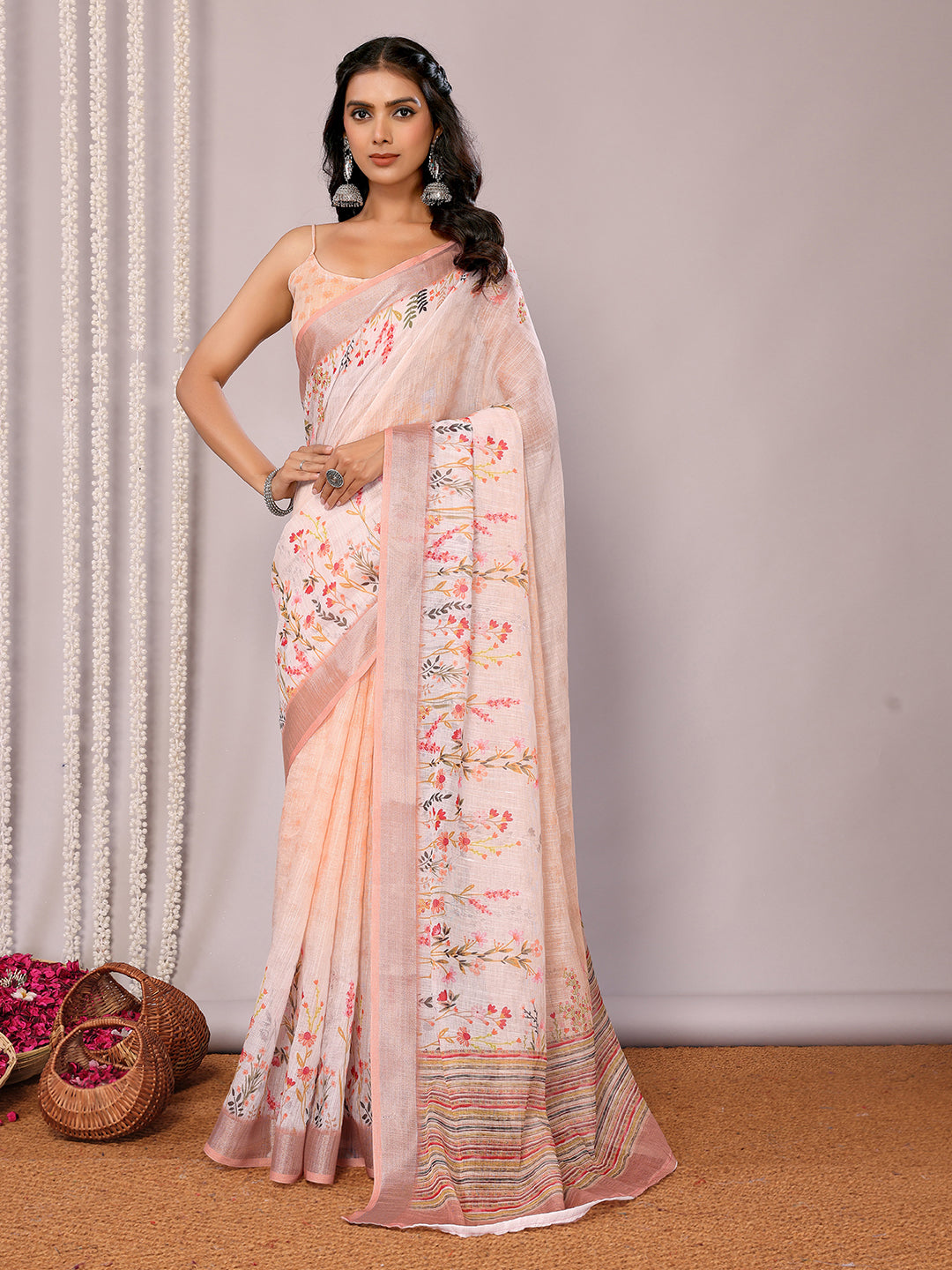Peach Linen Blend Floral Printed Daily Wear Saree with Blouse Piece