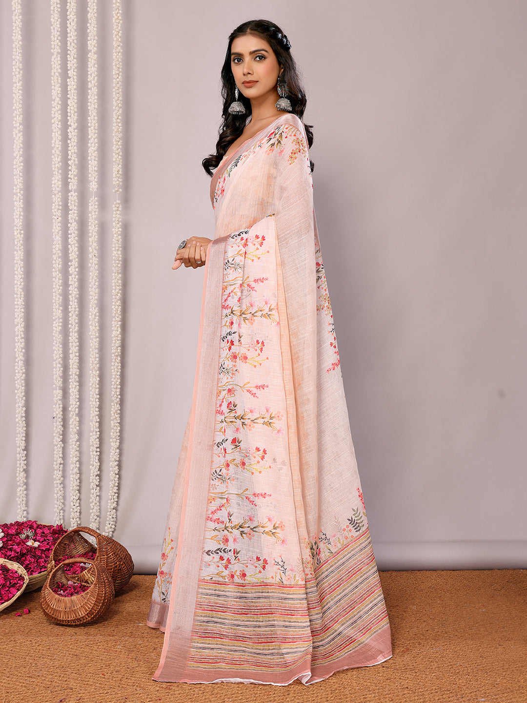 Peach Linen Blend Floral Printed Daily Wear Saree with Blouse Piece