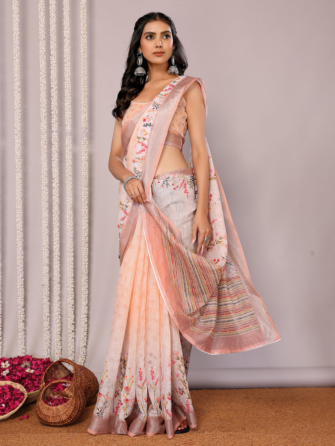 Peach Linen Blend Floral Printed Daily Wear Saree with Blouse Piece