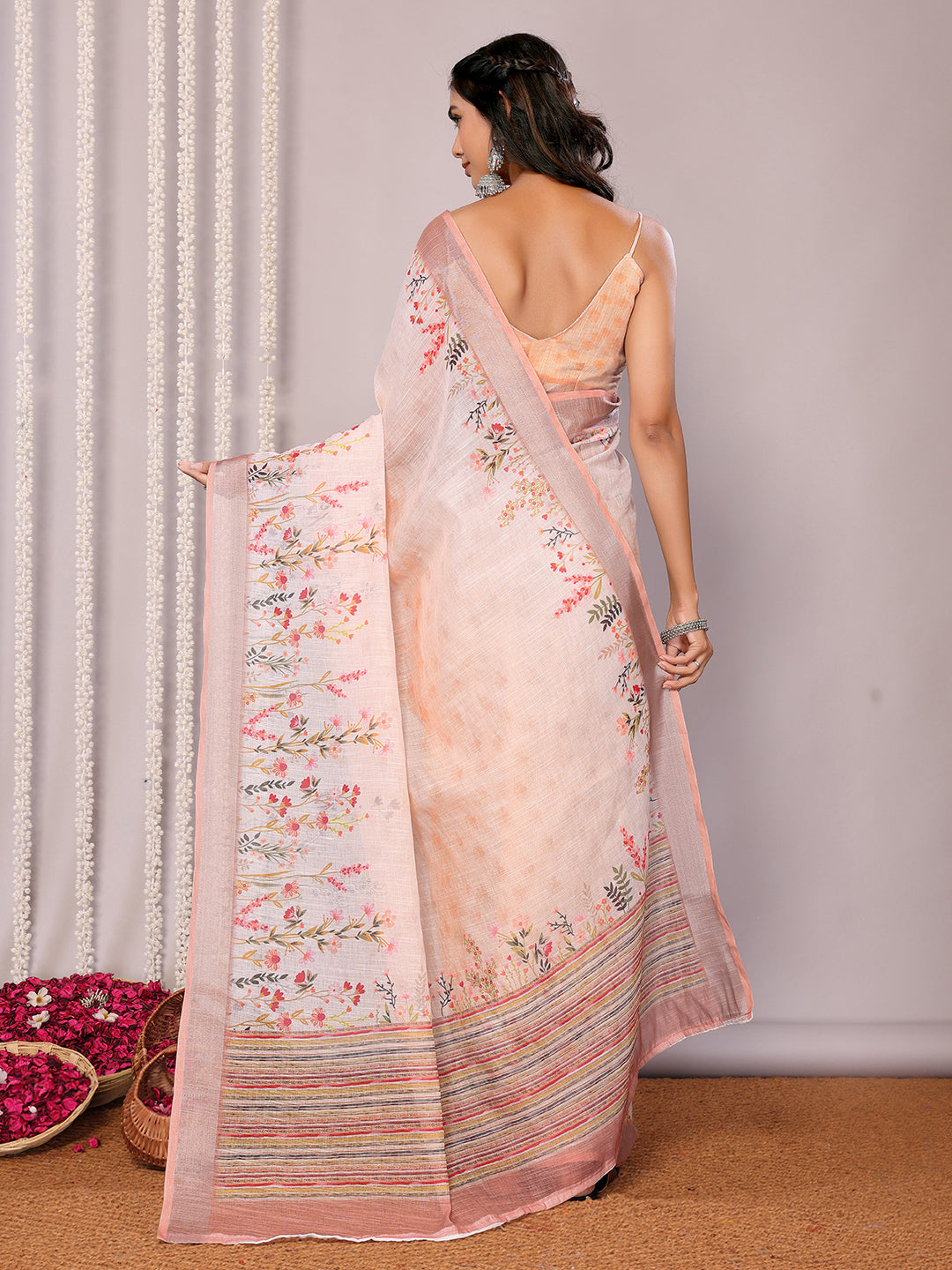 Peach Linen Blend Floral Printed Daily Wear Saree with Blouse Piece