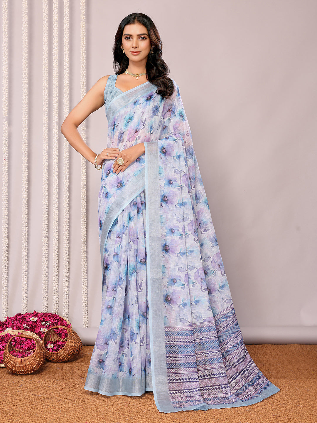 Light Blue Linen Blend Floral Printed Daily Wear Saree with Blouse Piece