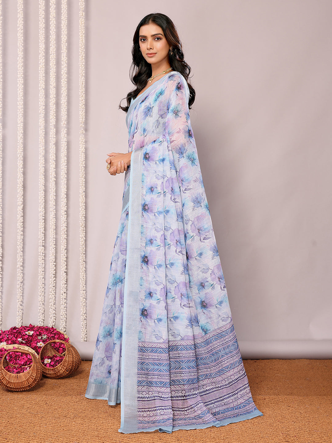 Light Blue Linen Blend Floral Printed Daily Wear Saree with Blouse Piece