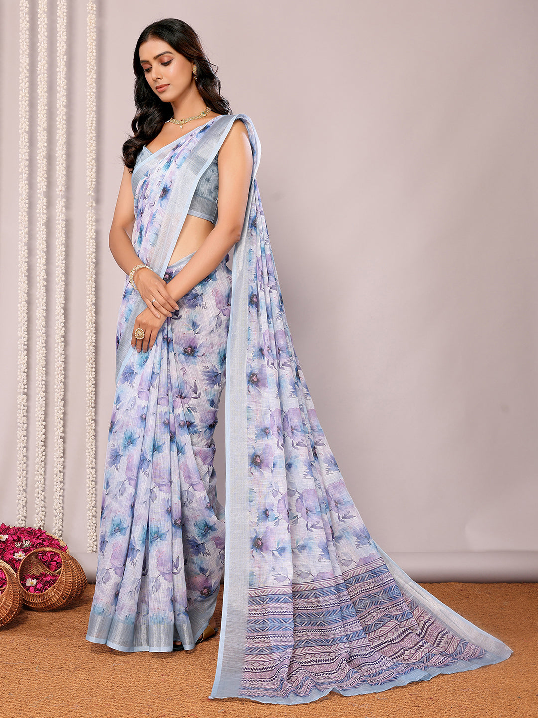 Light Blue Linen Blend Floral Printed Daily Wear Saree with Blouse Piece