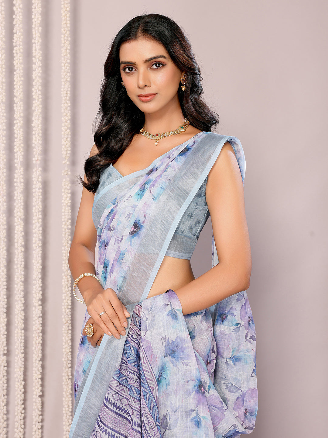 Light Blue Linen Blend Floral Printed Daily Wear Saree with Blouse Piece