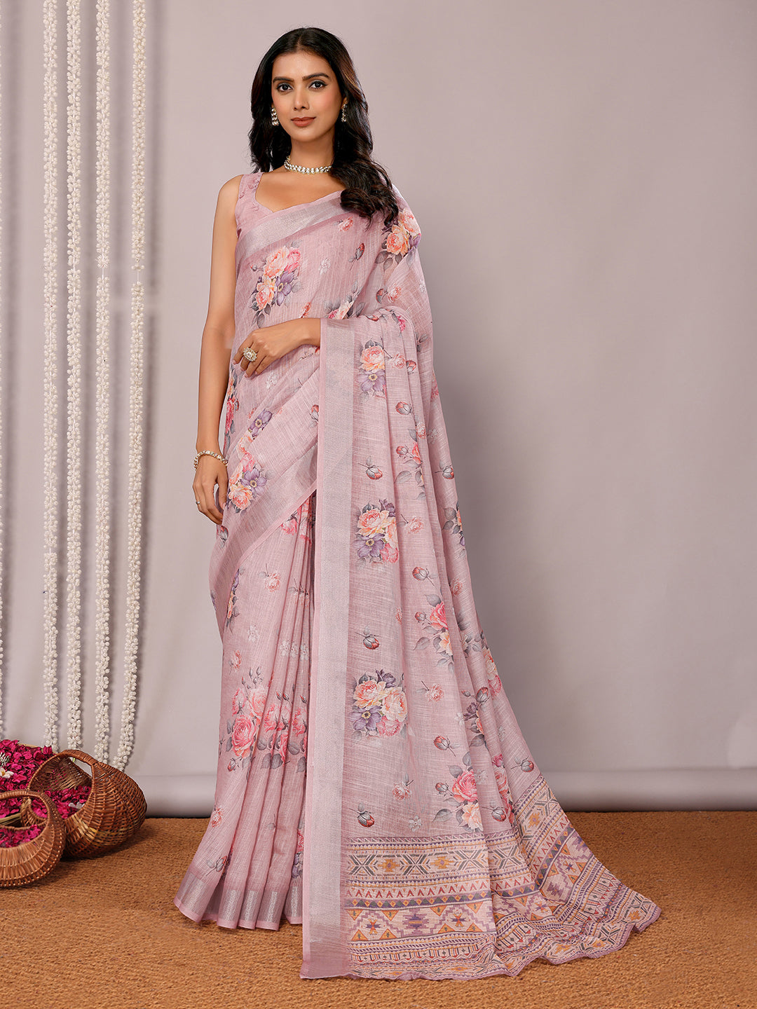Mauve Linen Blend Floral Printed Daily Wear Saree with Blouse Piece