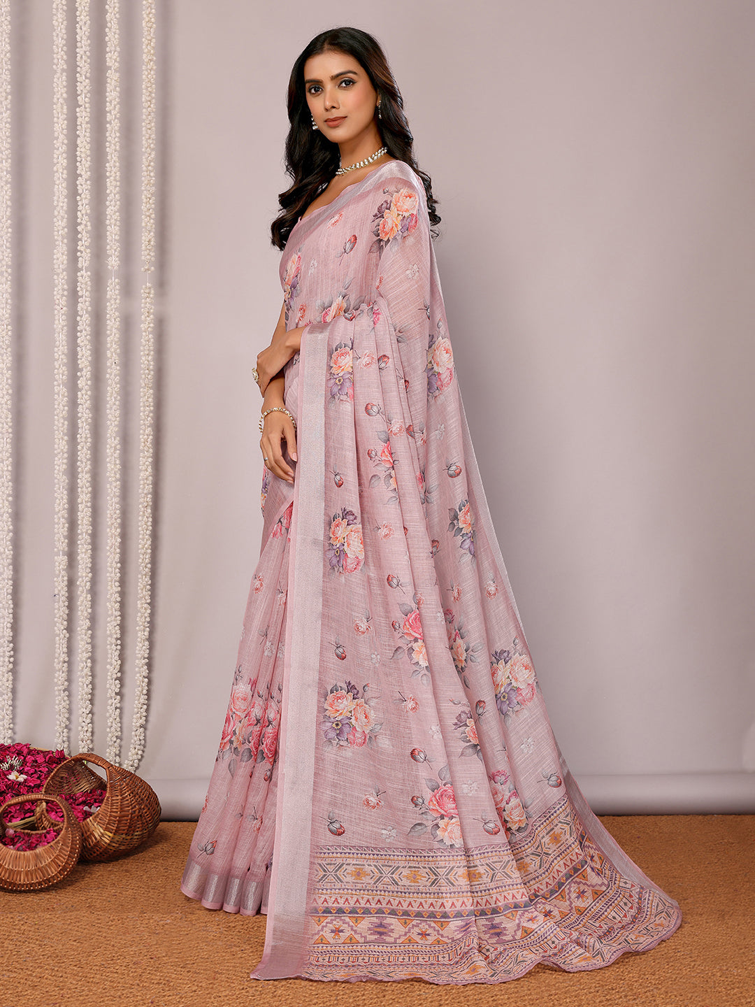 Mauve Linen Blend Floral Printed Daily Wear Saree with Blouse Piece
