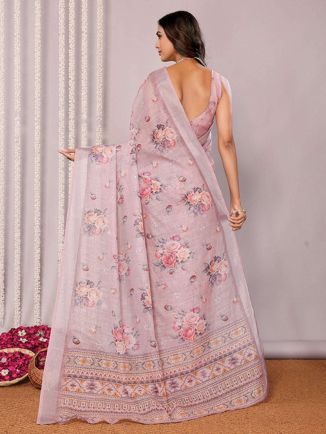 Mauve Linen Blend Floral Printed Daily Wear Saree with Blouse Piece