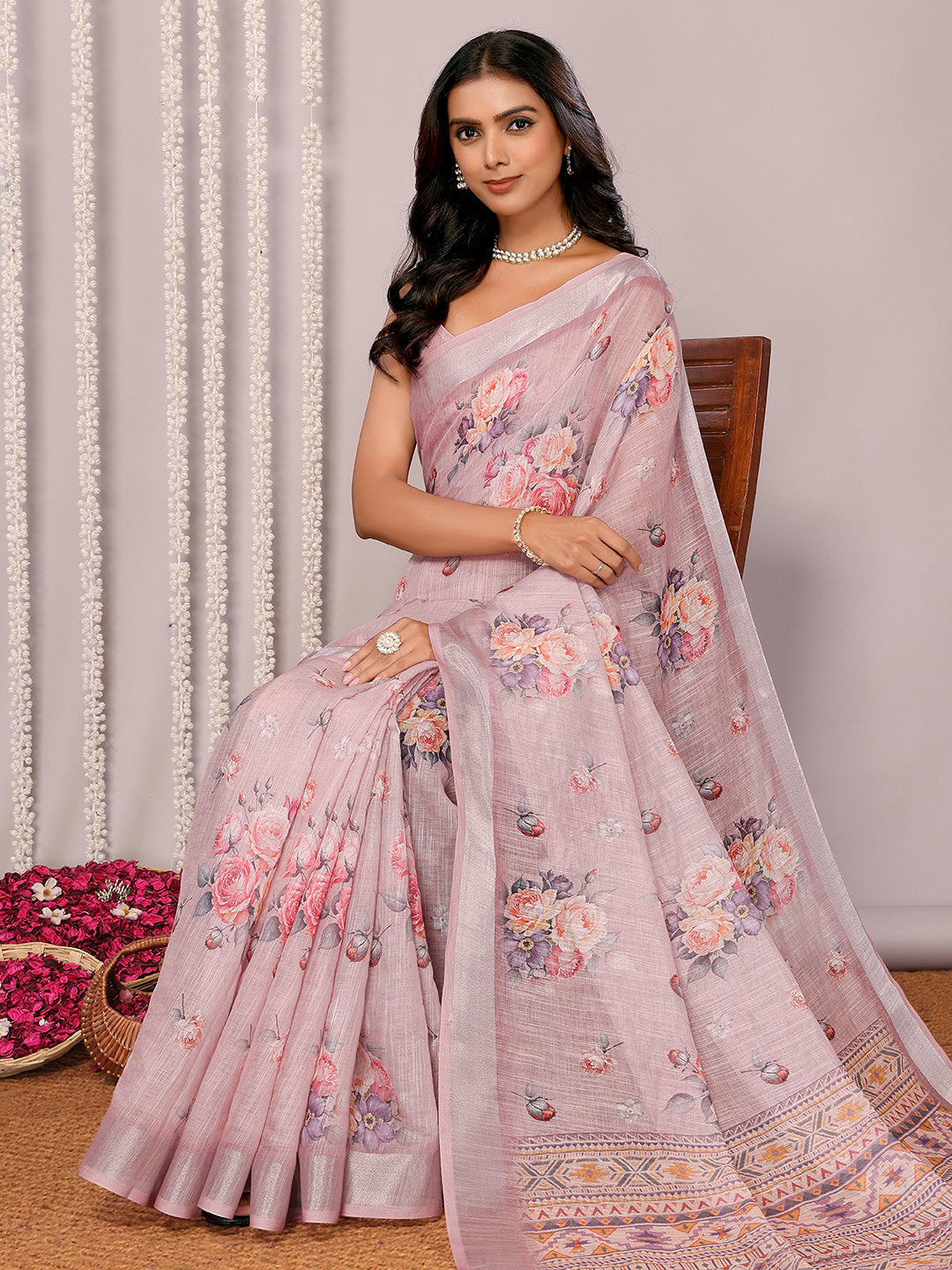 Mauve Linen Blend Floral Printed Daily Wear Saree with Blouse Piece