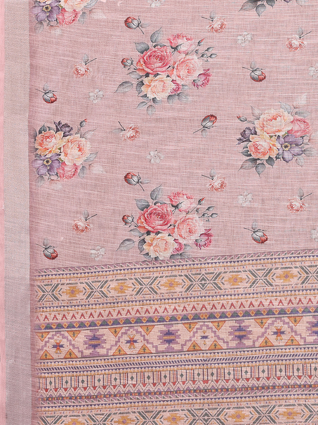 Mauve Linen Blend Floral Printed Daily Wear Saree with Blouse Piece