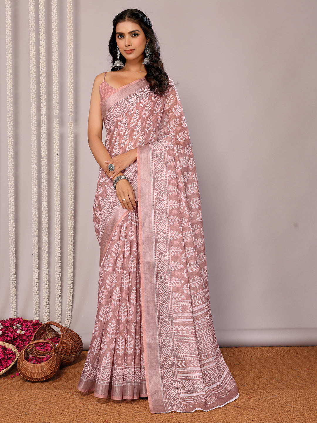 Mauve Linen Blend Block Print Printed Daily Wear Saree with Blouse Piece