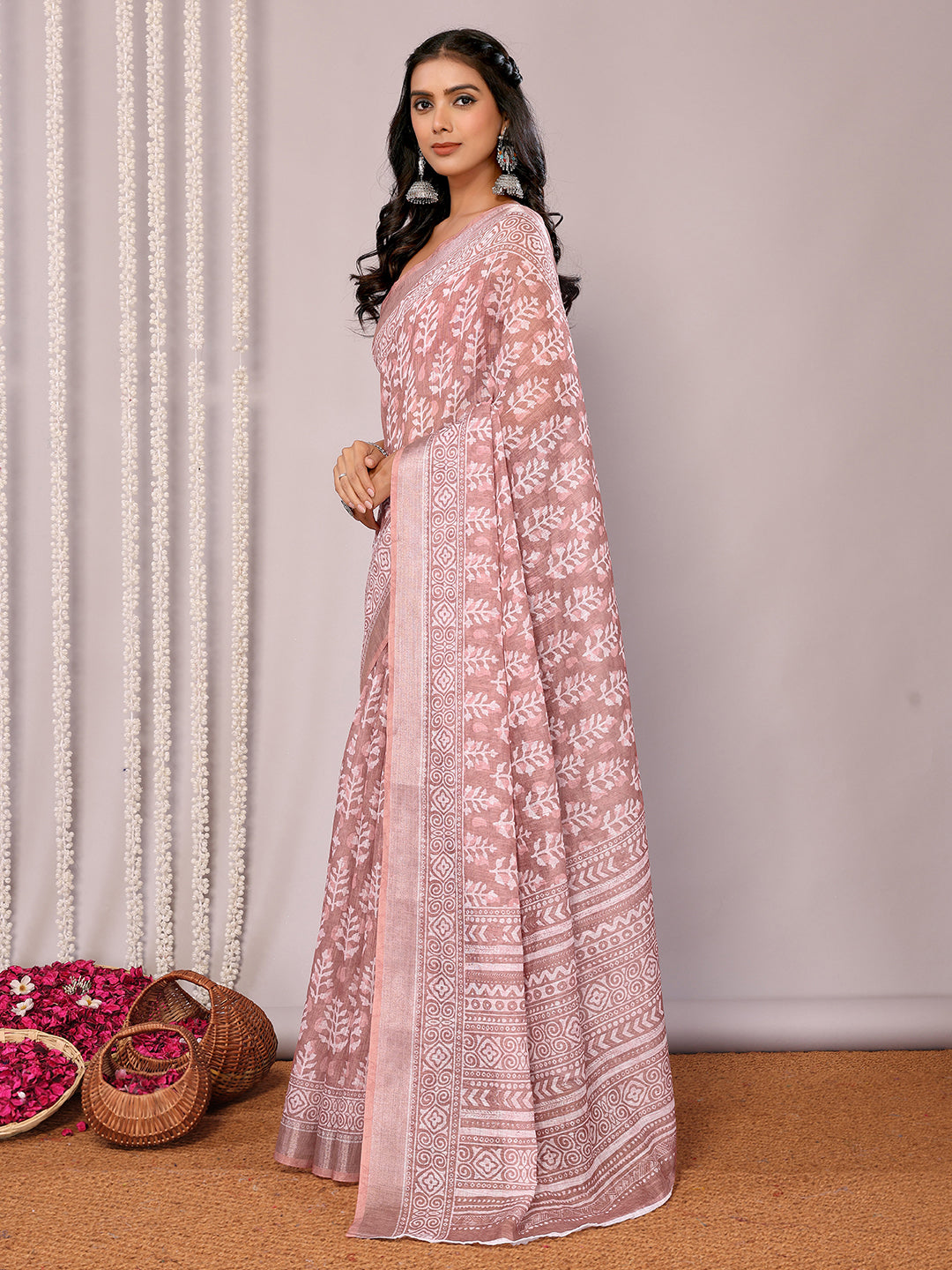 Mauve Linen Blend Block Print Printed Daily Wear Saree with Blouse Piece