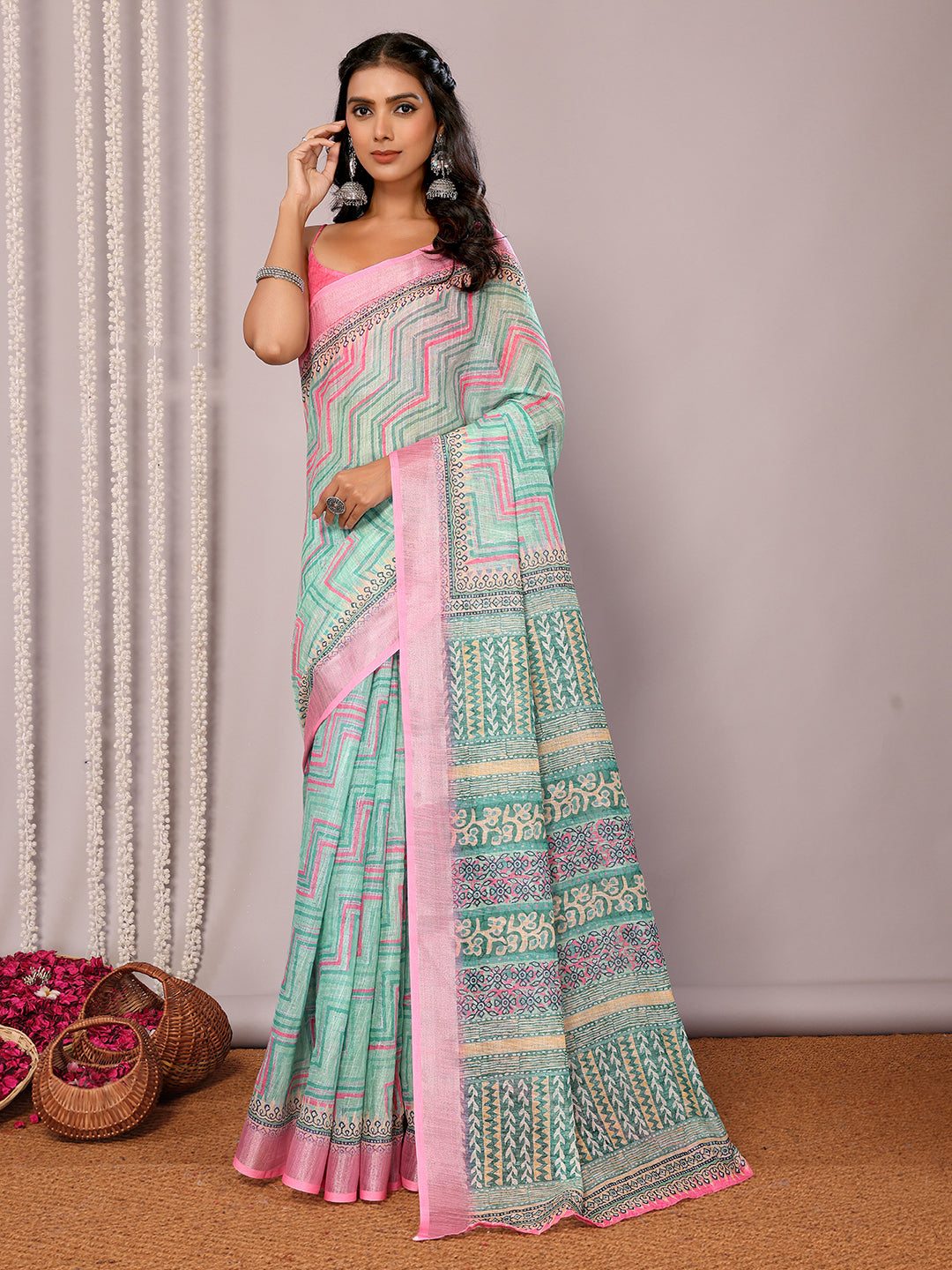 Green Linen Blend Chevron Printed Daily Wear Saree with Blouse Piece