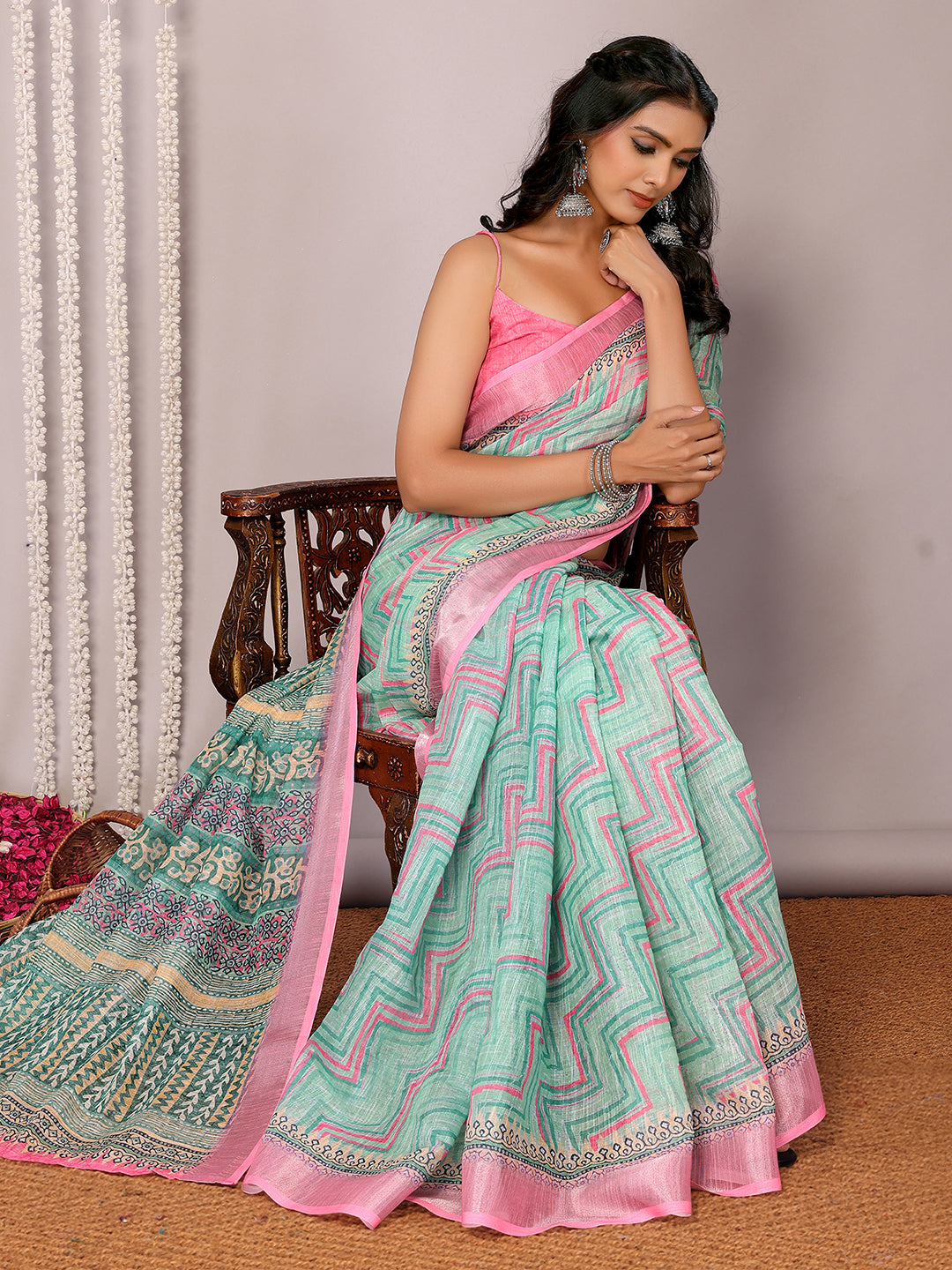 Green Linen Blend Chevron Printed Daily Wear Saree with Blouse Piece