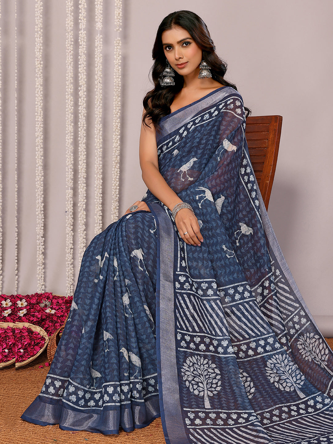 Navy Blue Linen Blend Geometric Printed Daily Wear Saree with Blouse Piece