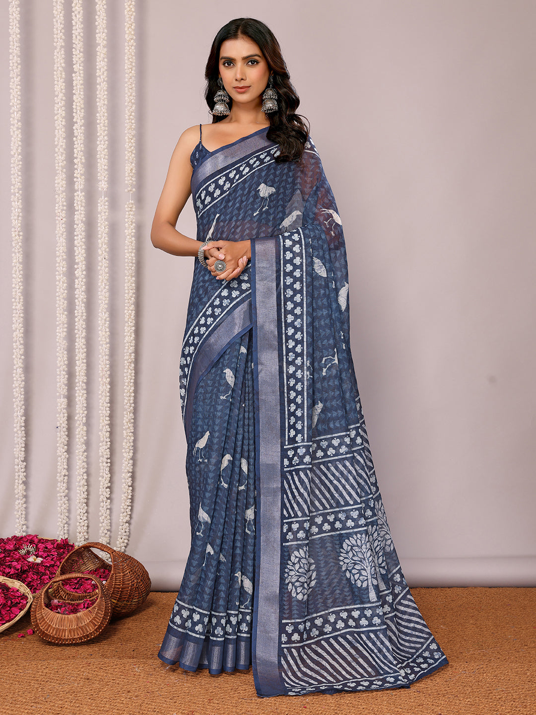 Navy Blue Linen Blend Geometric Printed Daily Wear Saree with Blouse Piece