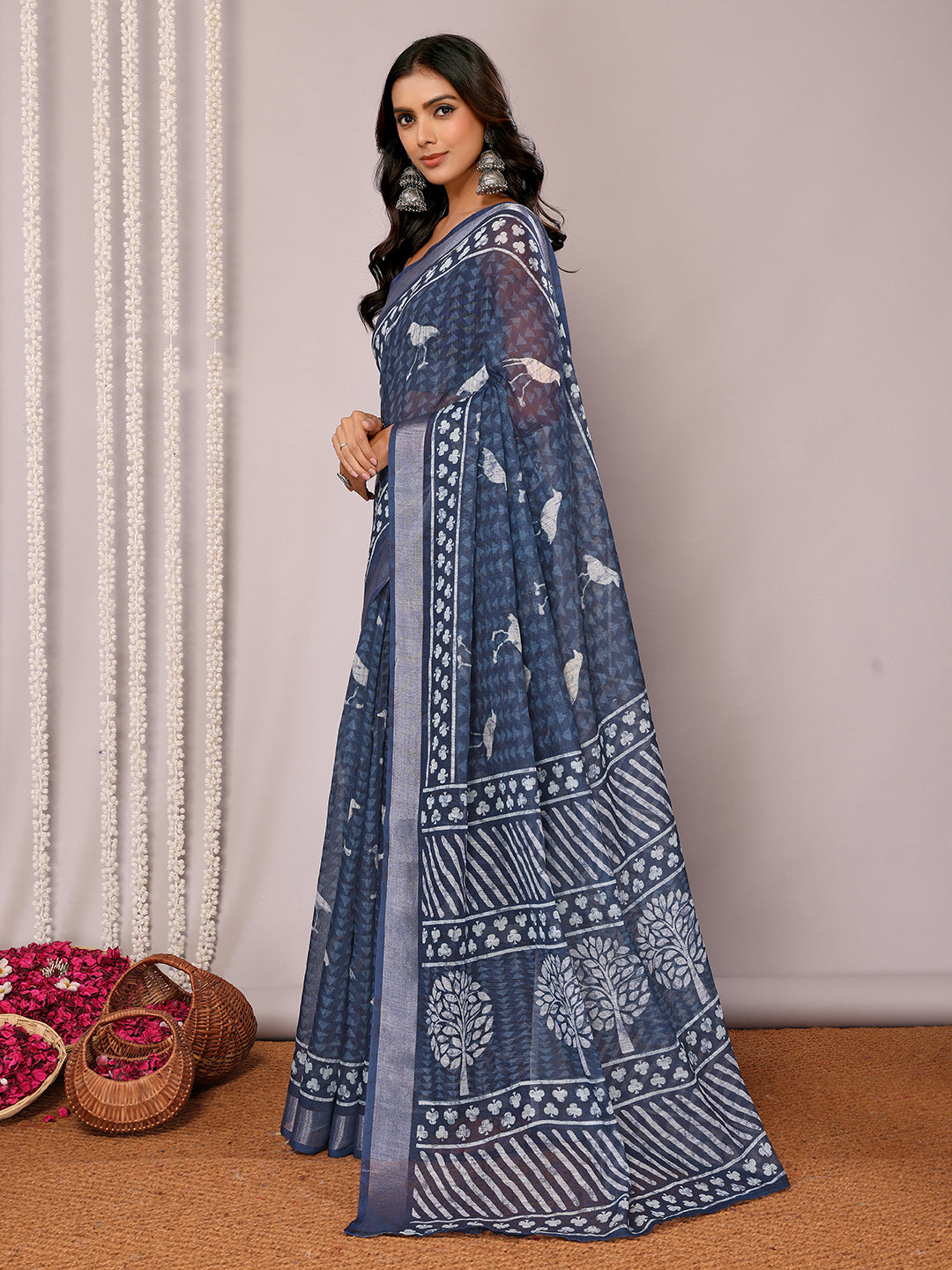 Navy Blue Linen Blend Geometric Printed Daily Wear Saree with Blouse Piece