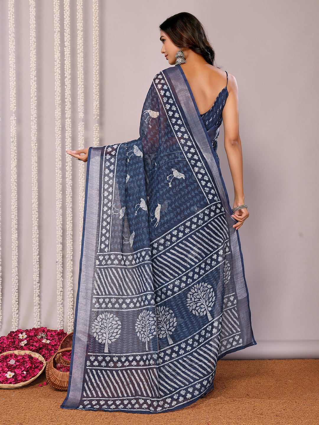 Navy Blue Linen Blend Geometric Printed Daily Wear Saree with Blouse Piece