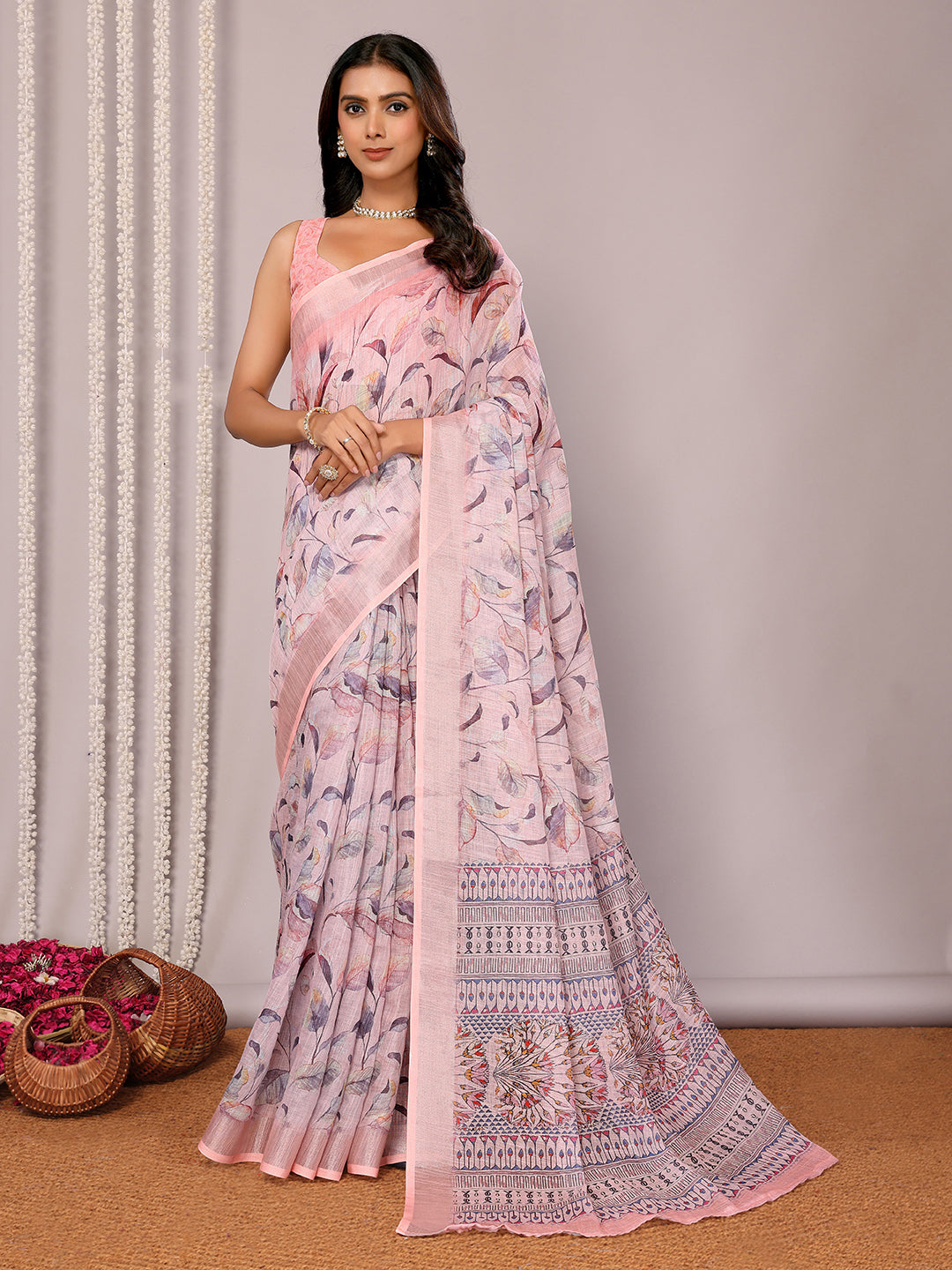 Light Pink Linen Blend Floral Printed Daily Wear Saree with Blouse Piece