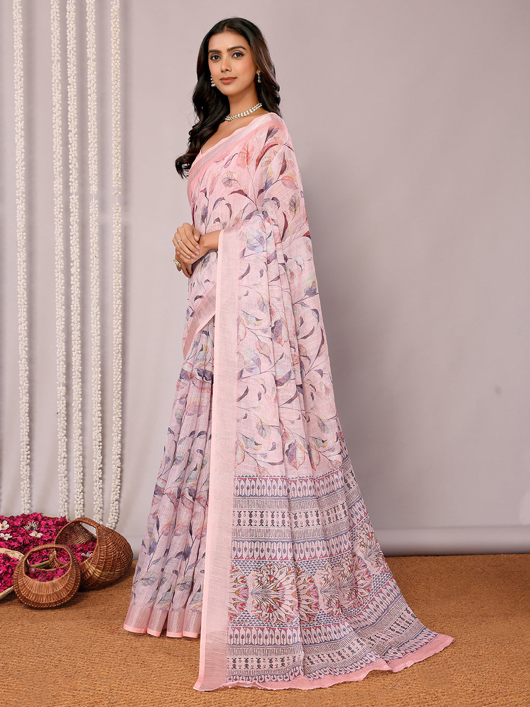 Light Pink Linen Blend Floral Printed Daily Wear Saree with Blouse Piece