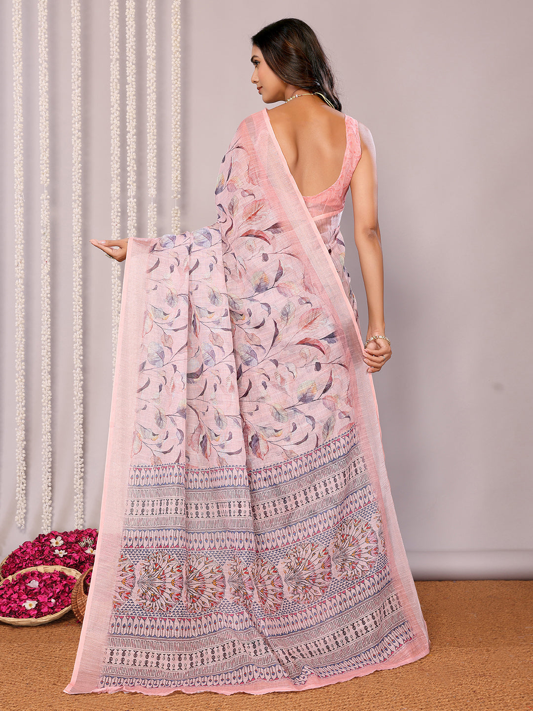 Light Pink Linen Blend Floral Printed Daily Wear Saree with Blouse Piece