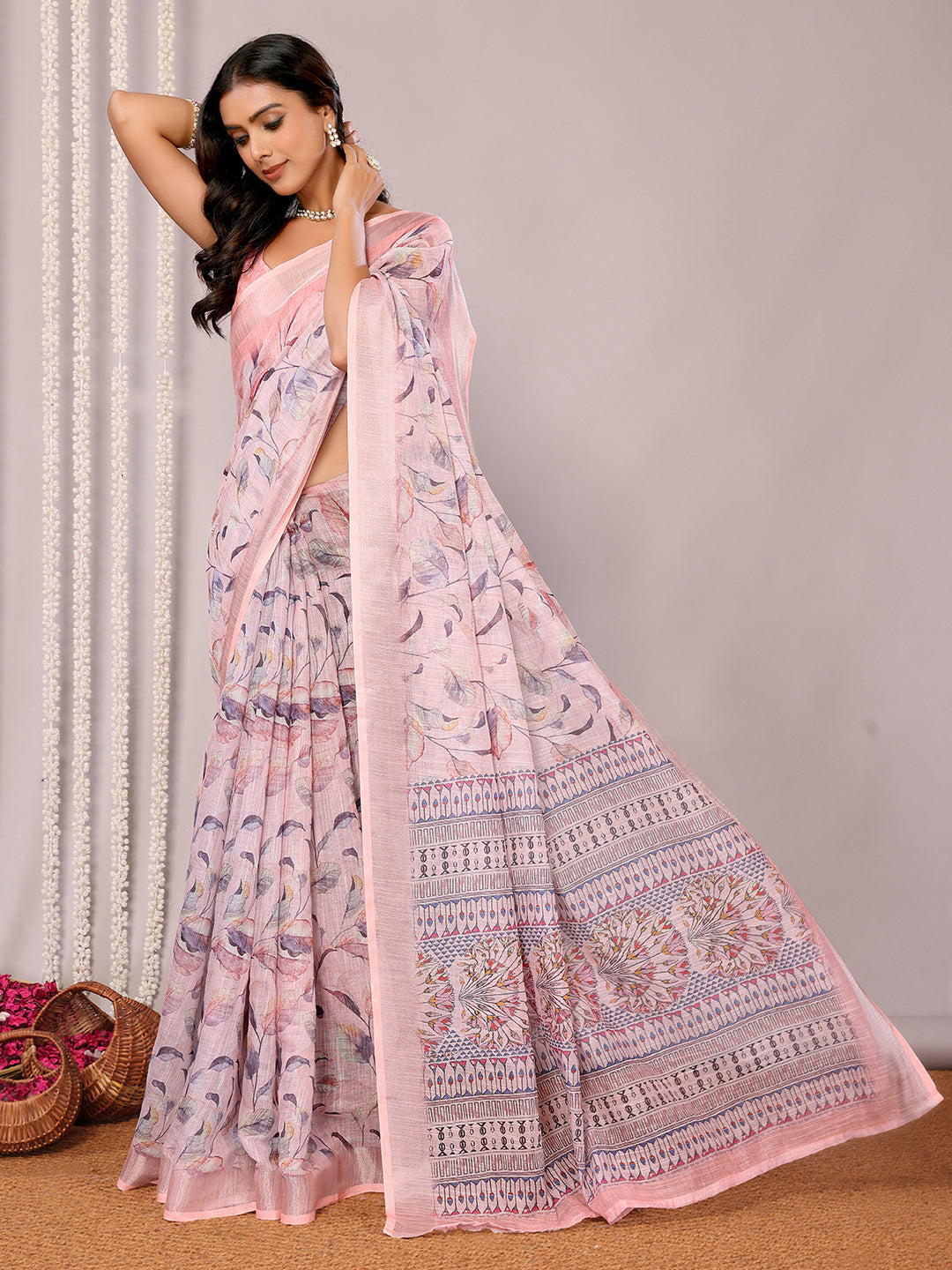Light Pink Linen Blend Floral Printed Daily Wear Saree with Blouse Piece