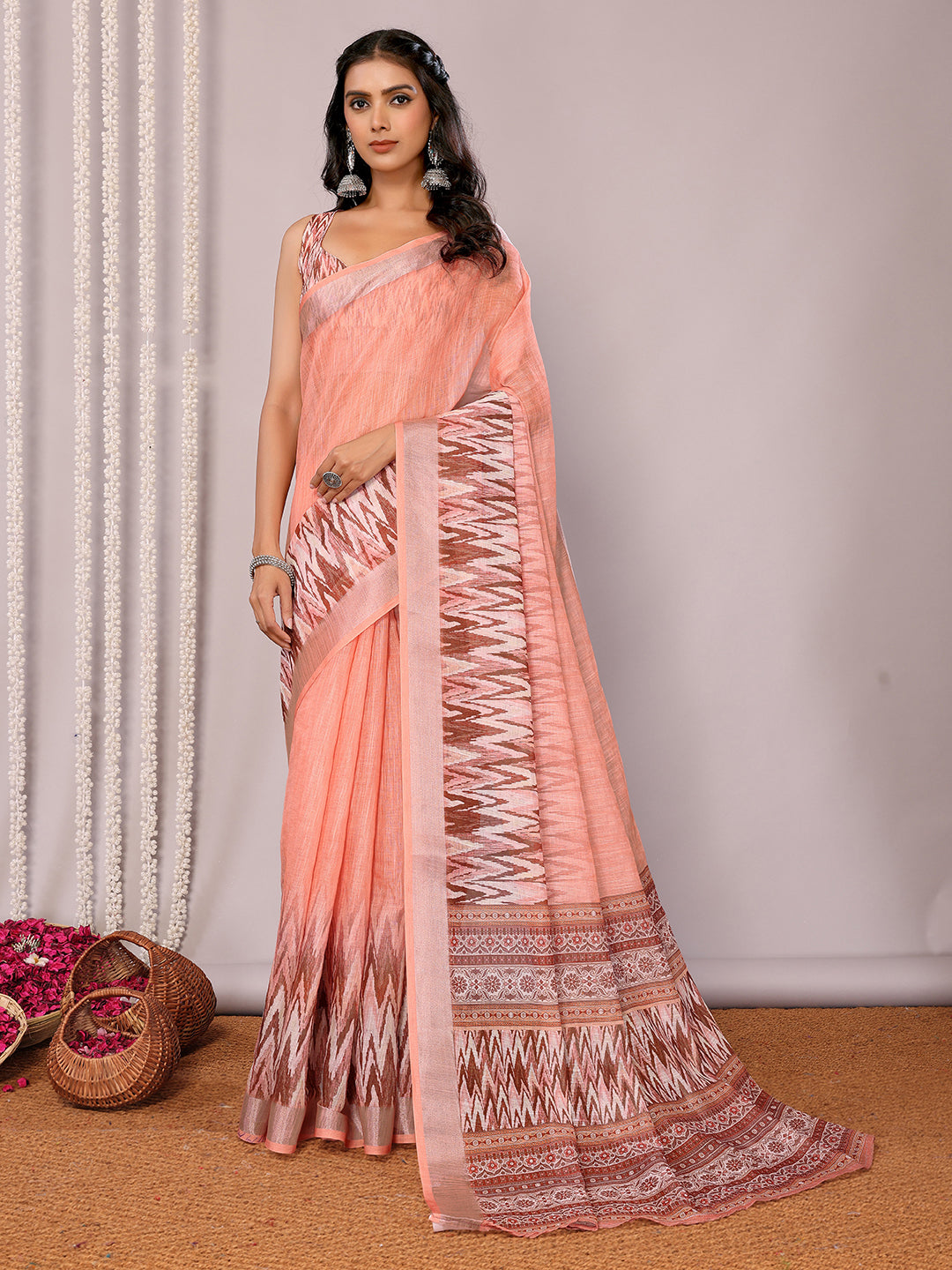Peach Linen Blend Ikkat Printed Ikkat Saree with Blouse Piece