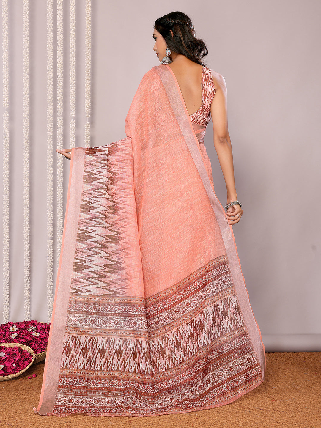Peach Linen Blend Ikkat Printed Ikkat Saree with Blouse Piece