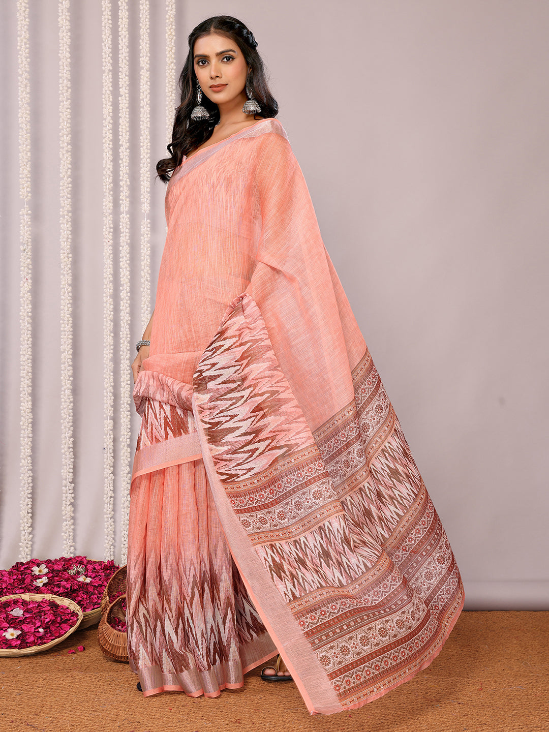 Peach Linen Blend Ikkat Printed Ikkat Saree with Blouse Piece