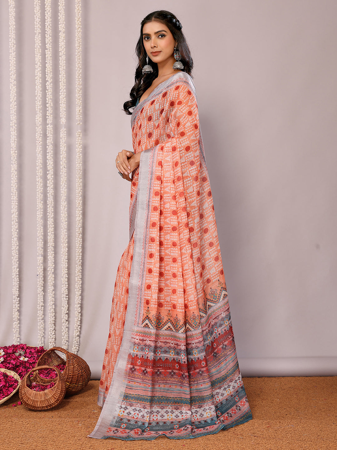 Orange Linen Blend Block Print Printed Daily Wear Saree with Blouse Piece