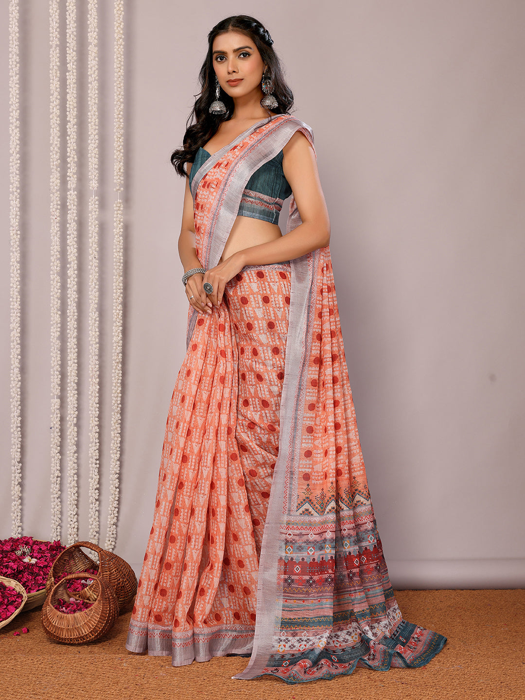 Orange Linen Blend Block Print Printed Daily Wear Saree with Blouse Piece