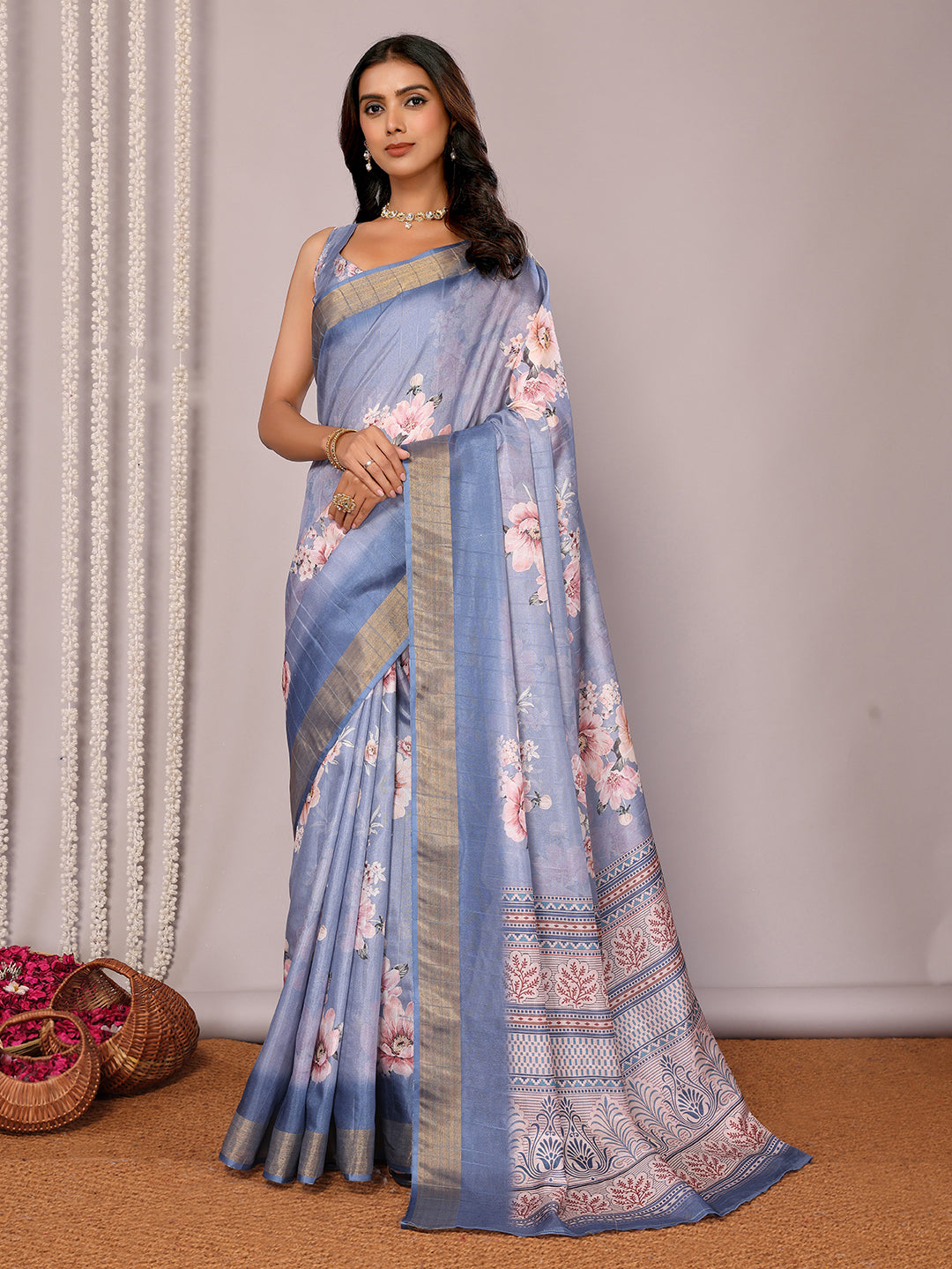 Blue Chanderi Silk Floral Printed Chanderi Saree with Blouse Piece