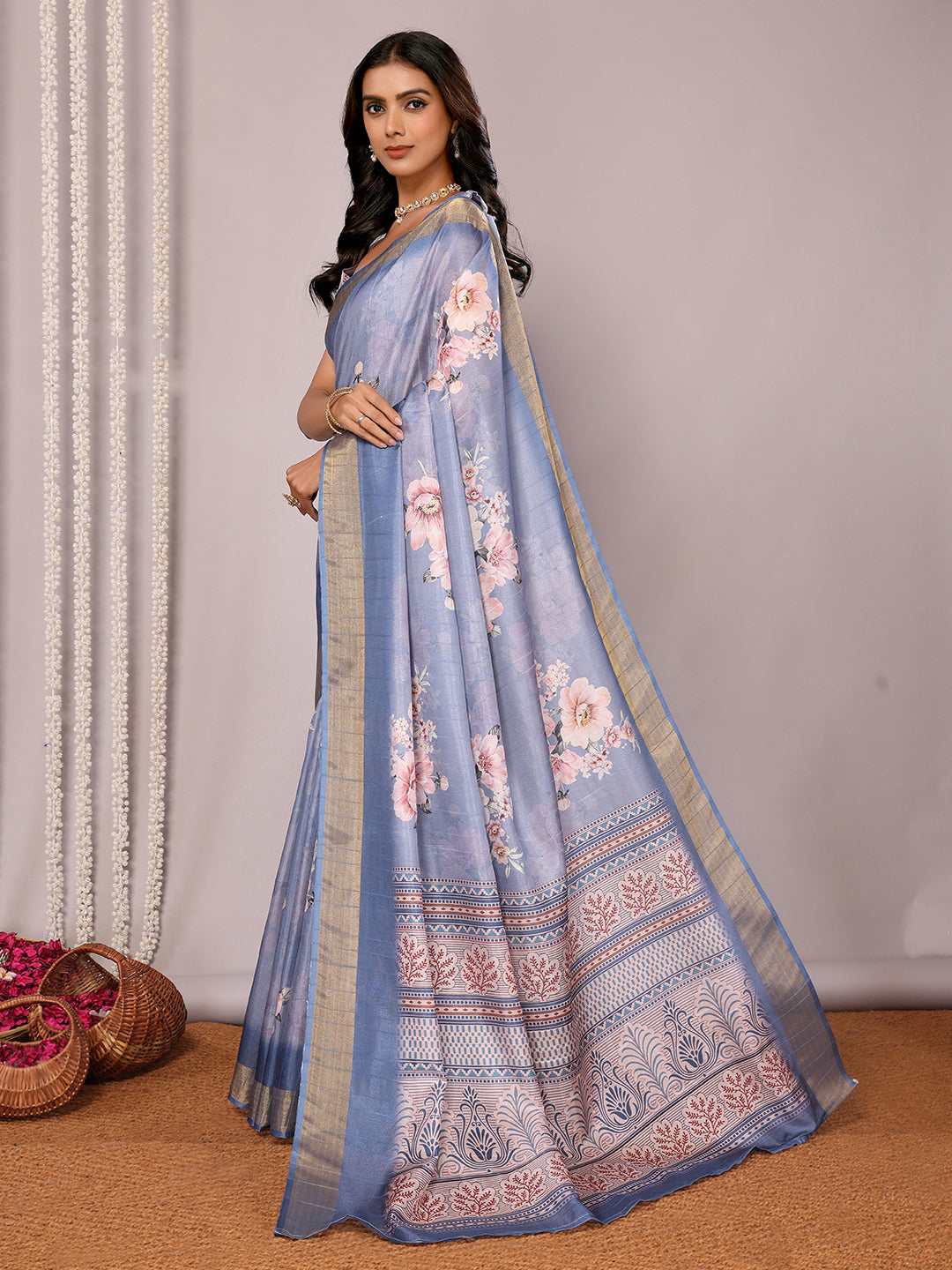 Blue Chanderi Silk Floral Printed Chanderi Saree with Blouse Piece