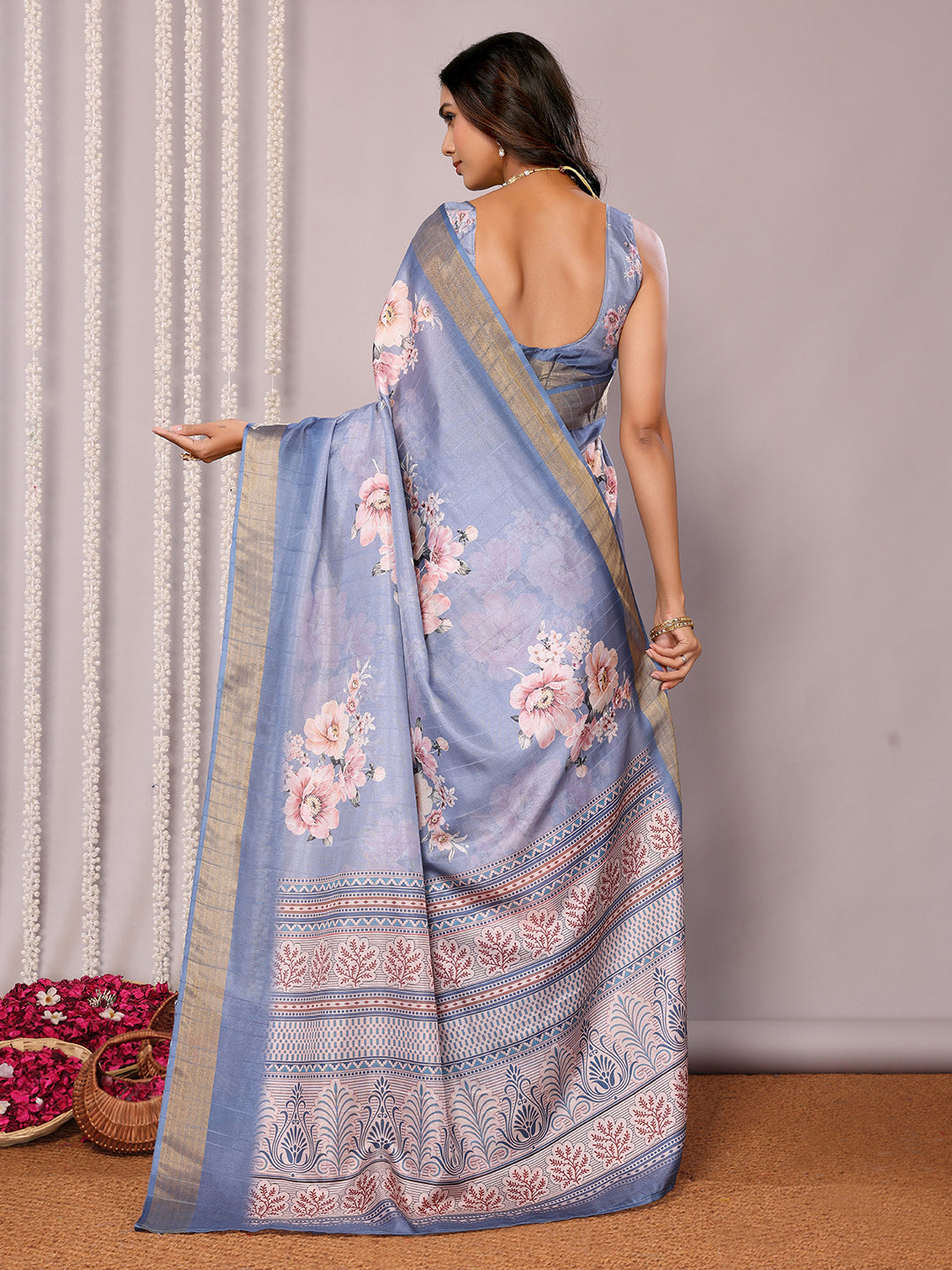 Blue Chanderi Silk Floral Printed Chanderi Saree with Blouse Piece