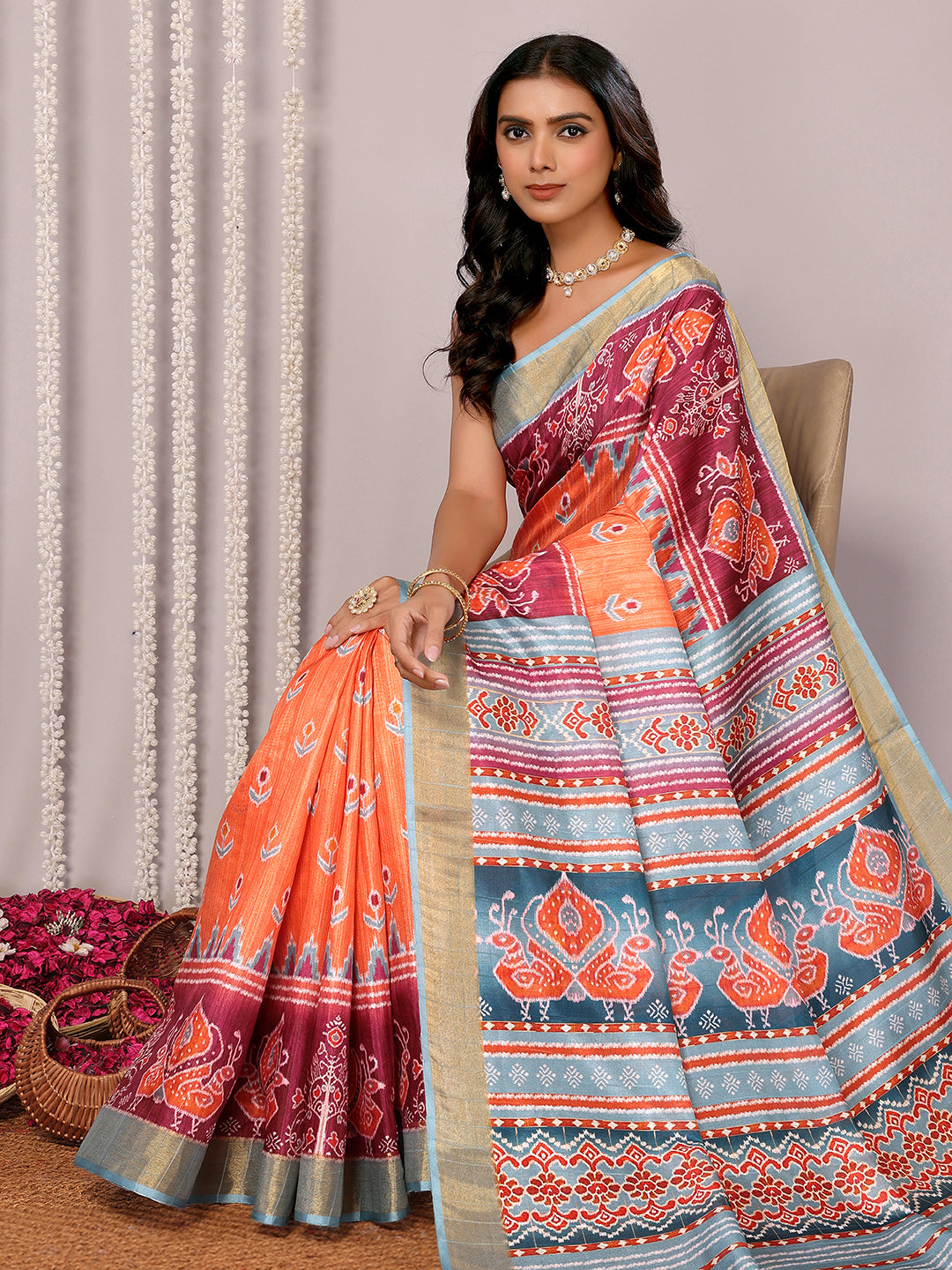 Orange Chanderi Silk Ikkat Printed Chanderi Saree with Blouse Piece