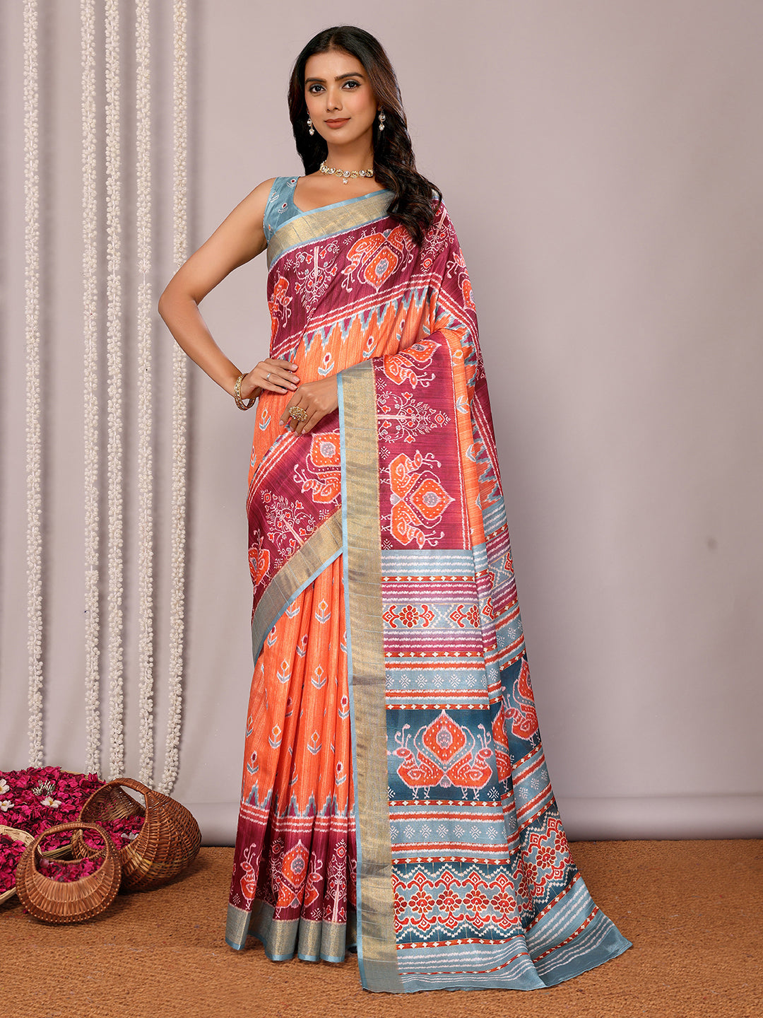 Orange Chanderi Silk Ikkat Printed Chanderi Saree with Blouse Piece