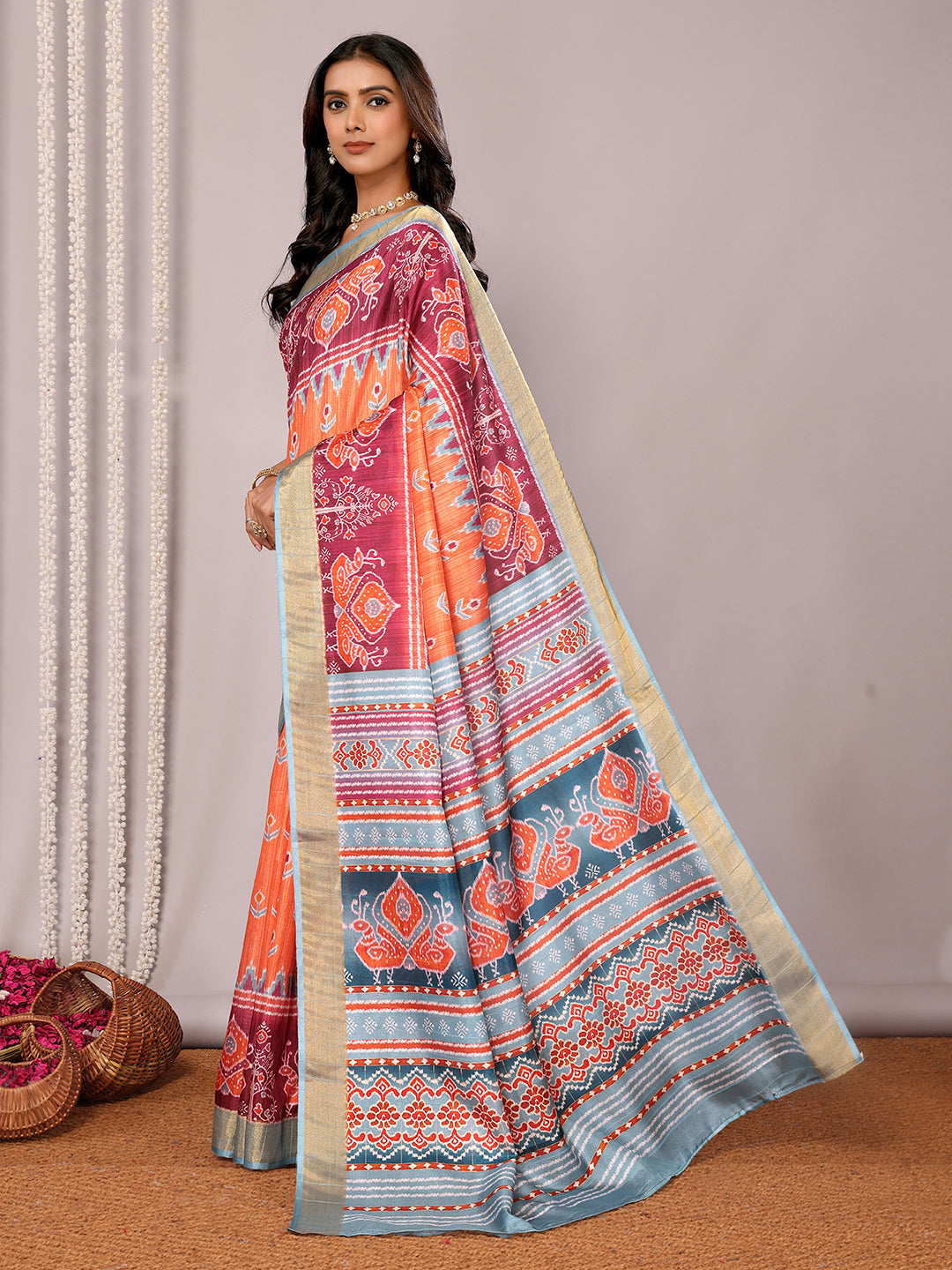 Orange Chanderi Silk Ikkat Printed Chanderi Saree with Blouse Piece