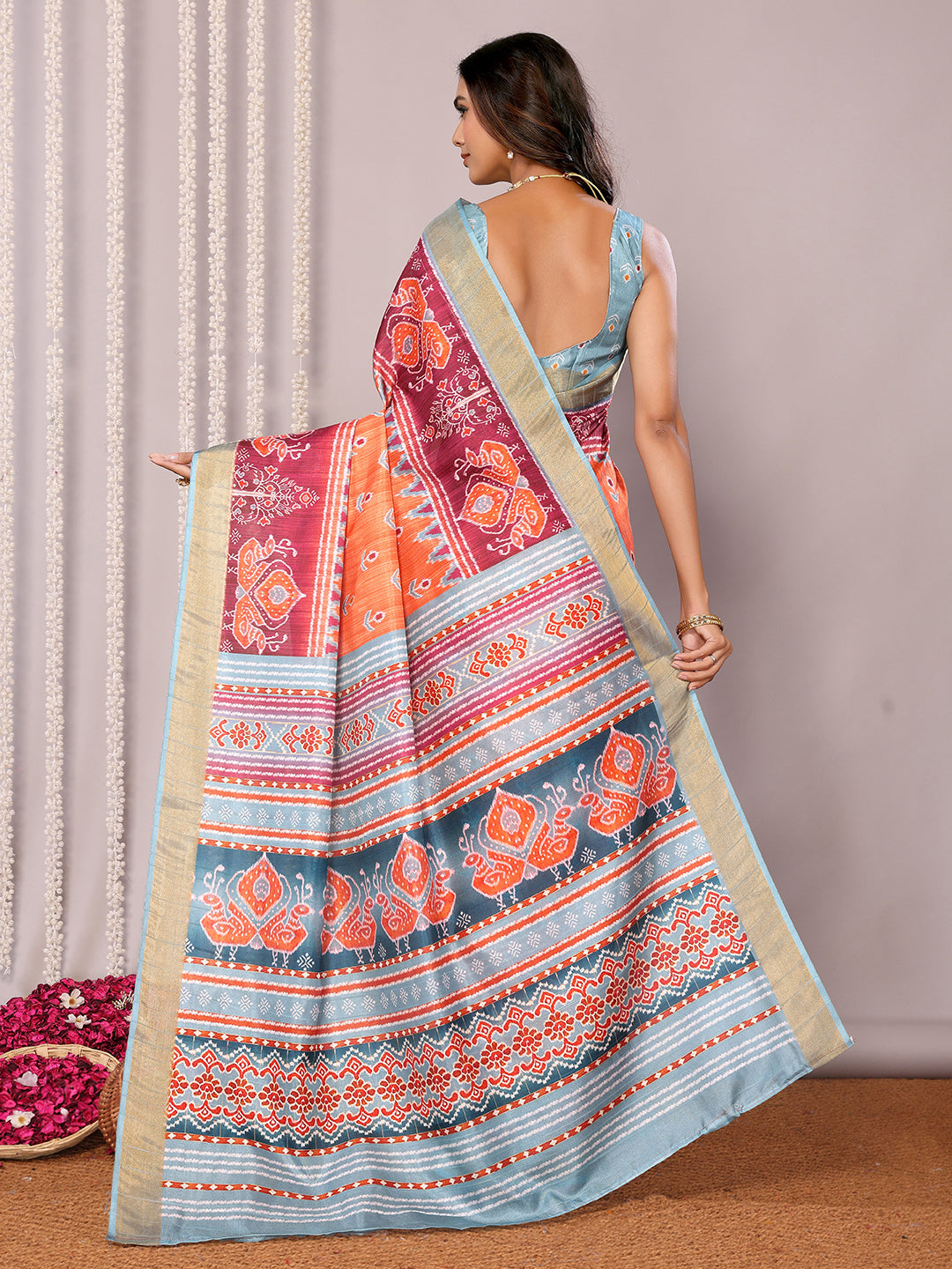 Orange Chanderi Silk Ikkat Printed Chanderi Saree with Blouse Piece