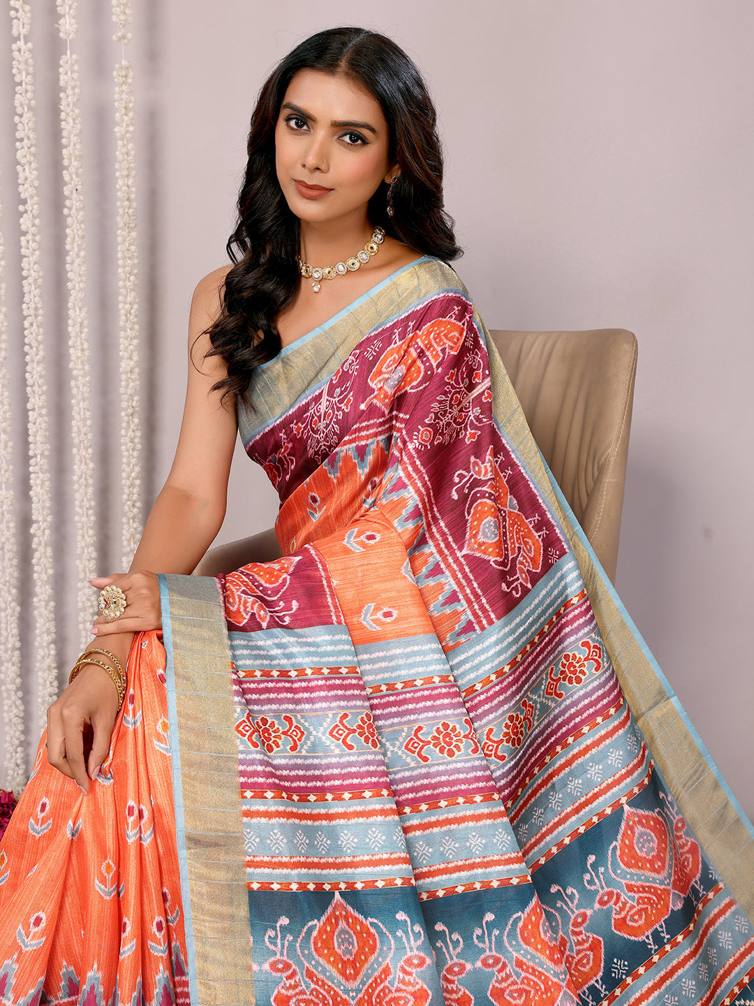 Orange Chanderi Silk Ikkat Printed Chanderi Saree with Blouse Piece
