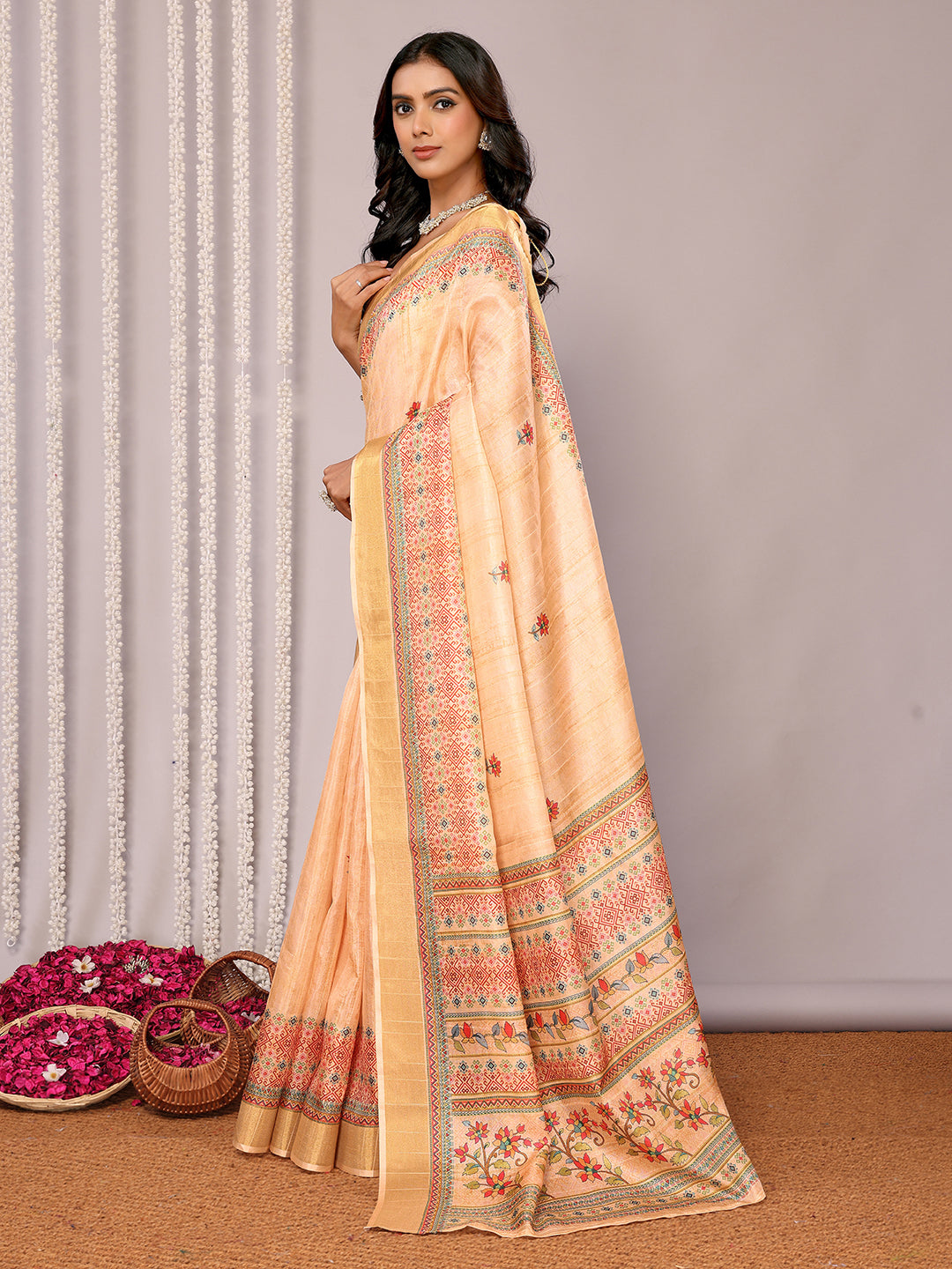 Beige Chanderi Silk Floral Printed Chanderi Saree with Blouse Piece